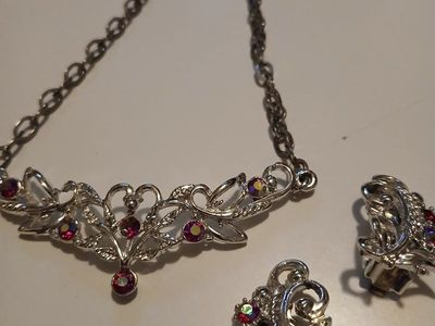 Silver-Tone Rhinestone Necklace and Clip-On Earrings Set