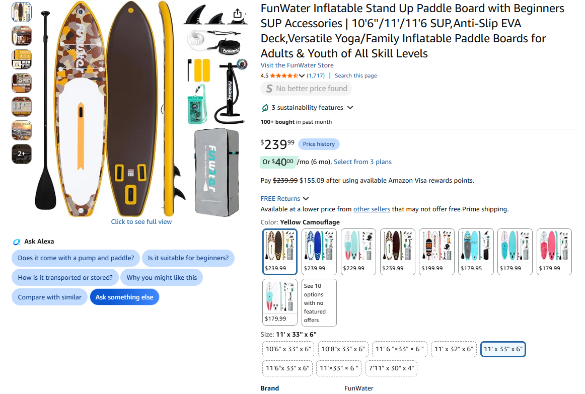 New in box 11' FunWater Paddle Board with Accessories