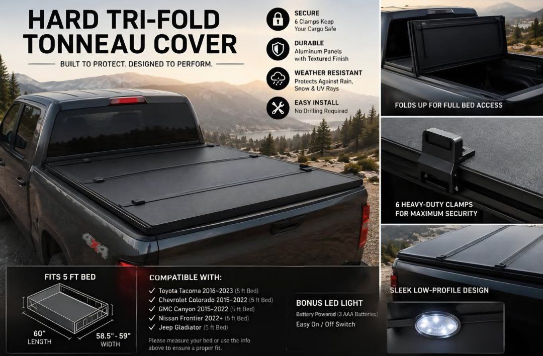 Hard Tri-Fold Tonneau Cover for 5 Ft Truck Bed – Heavy Duty Aluminum, Matte Black #9