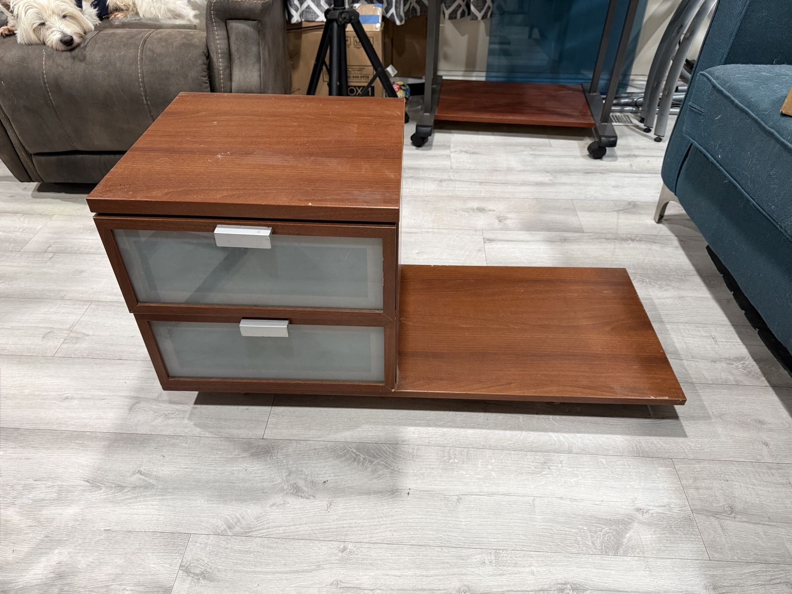 Used Brown Wood Side Table with Frosted Glass Drawers - Good Condition
