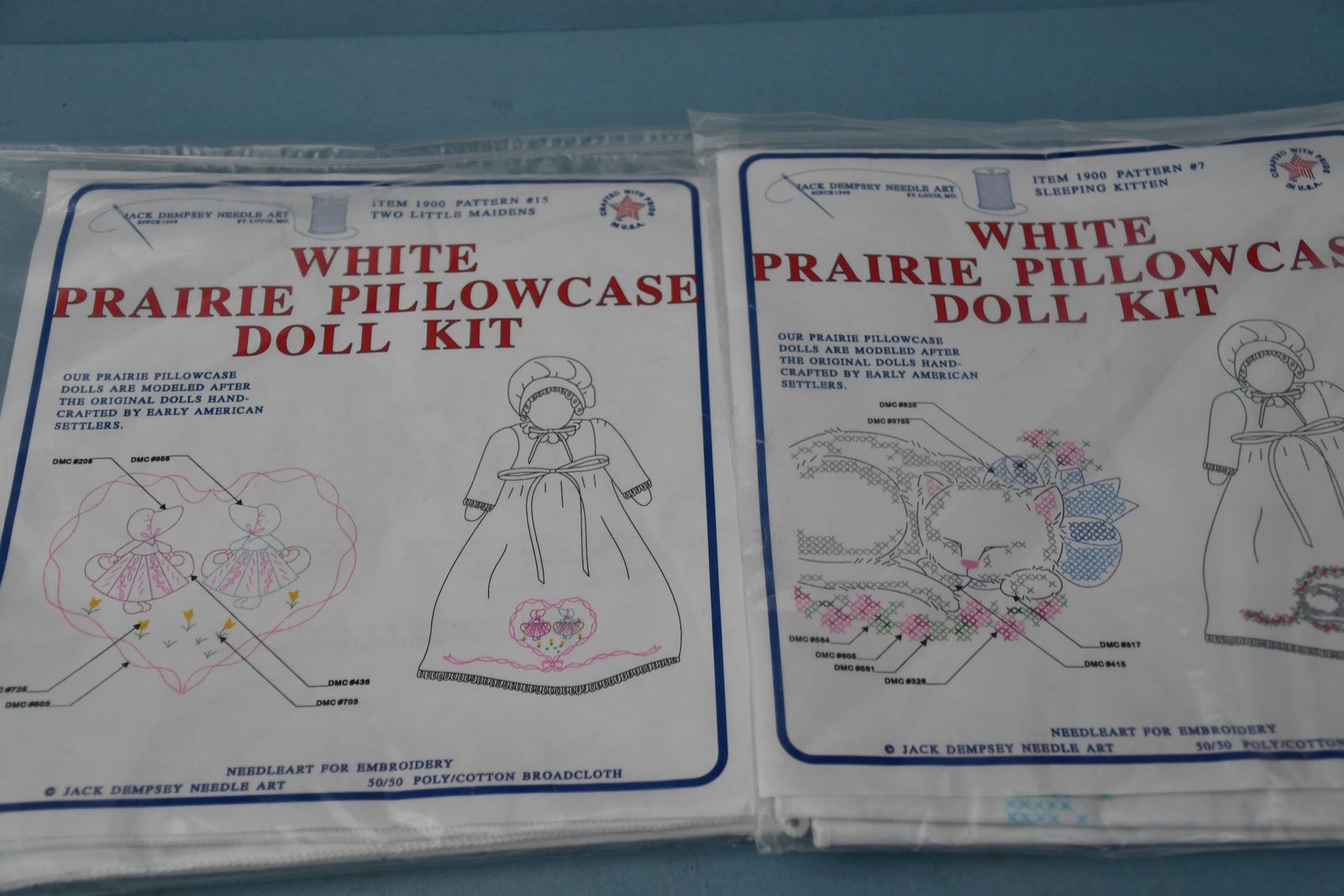 2 NEW PRAIRIE PILLOWCASE DOLL KITS ~ PIONEER ~ TWO LITTLE MAIDENS & SLEEPING KITTEN ~ EMBROIDERY ~ BOTH FOR $5
