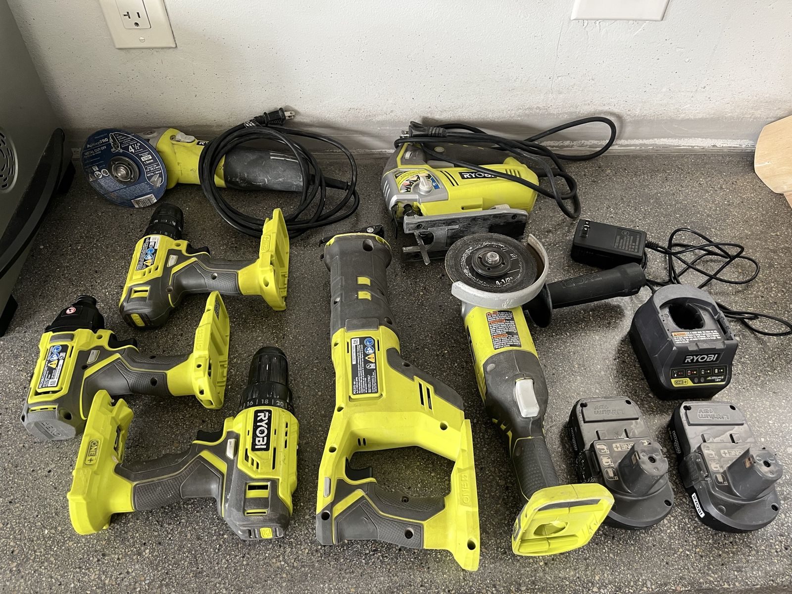 Ryobi Cordless Power Tool Set - Drills, Impact Driver, Grinder & Batteries + others