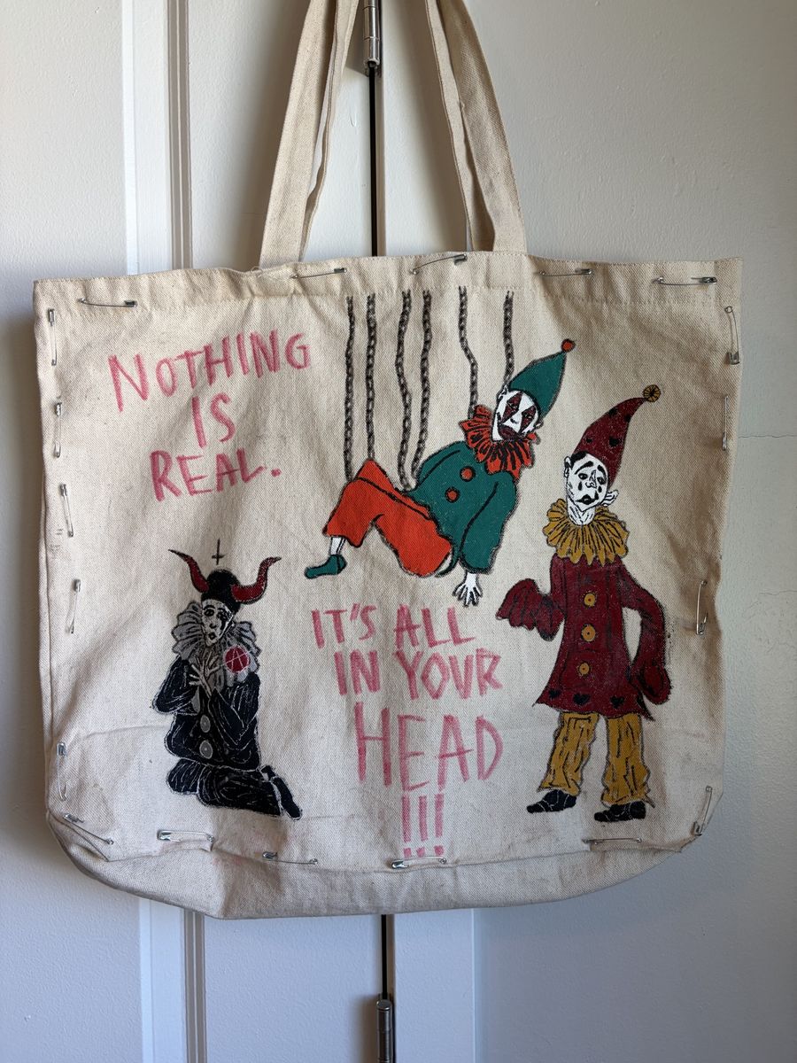Unique Hand-Painted Clown Art Tote Bag - "Nothing Is Real" Statement Canvas Bag