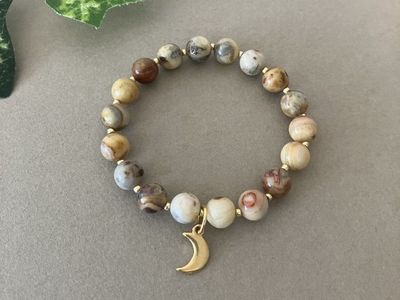 Agate Gemstone Beaded Gold Moon Charm Stretch Bracelet