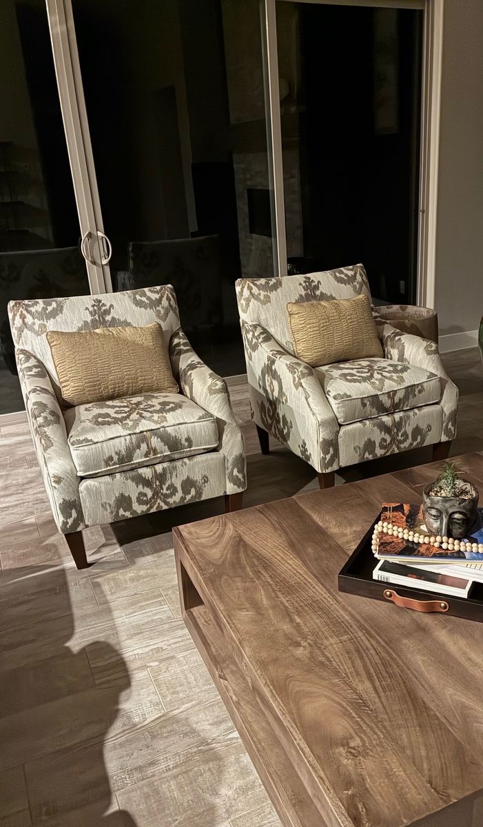 Pair of Upholstered Accent Chairs with Ikat-Inspired Pattern & Wood Legs - Excellent Condition