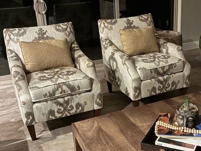Pair of Upholstered Accent Chairs with Ikat-Inspired Pattern & Wood Legs - Excellent Condition