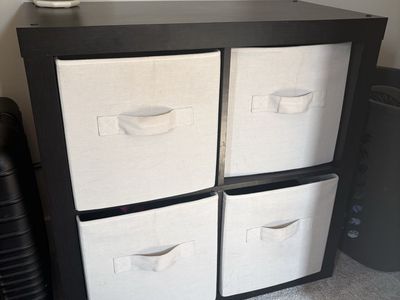 Black 4-Cube Storage Organizer with 4 White Fabric Drawers - Versatile and Compact