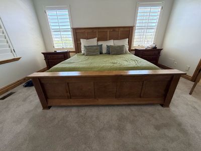 Solid Wood Queen Bed Frame with Headboard and Footboard - Good Condition, Classic Design - scratch on top headboard