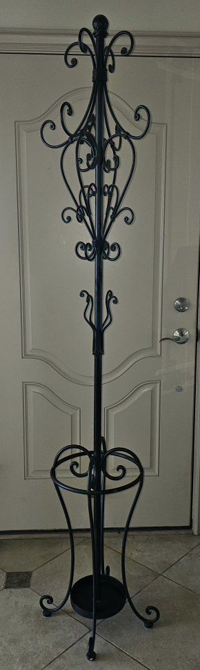 Vintage Black Wrought Iron Coat Rack Stand with Umbrella Holder 76"Tx16"W