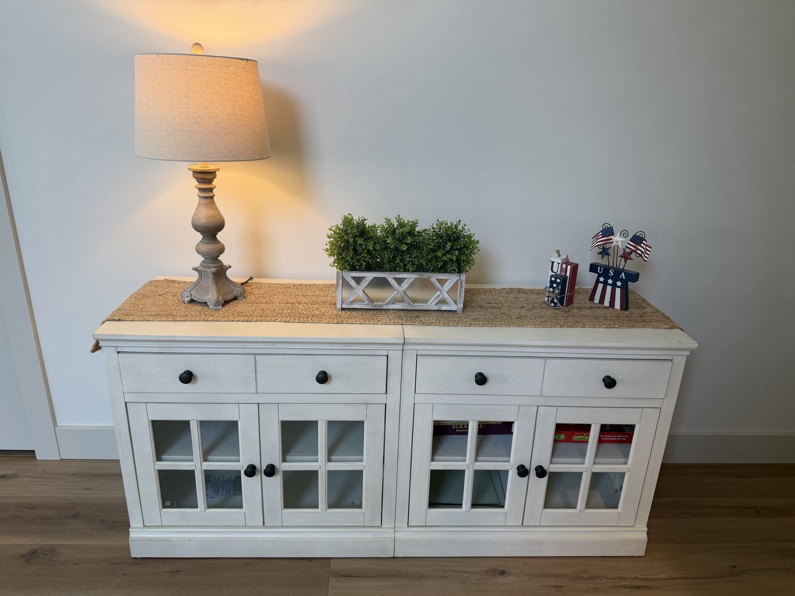 Bayside Furnishings Modular Console Cabinet - White Wood w/ Glass Doors, 2 Drawers, 2 Units
