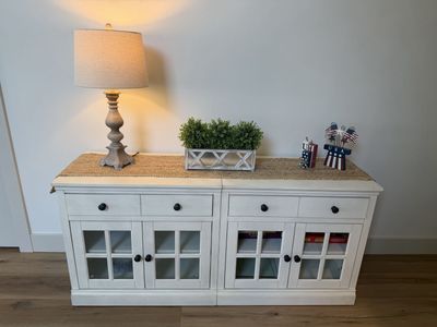 Bayside Furnishings Modular Console Cabinet - White Wood w/ Glass Doors, 2 Drawers, 2 Units