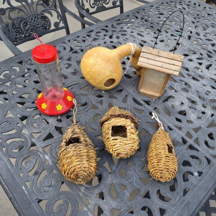 Bird Feeder & Houses Lot - Gourd, Wooden, Woven Grass - Hummingbird & Nesting