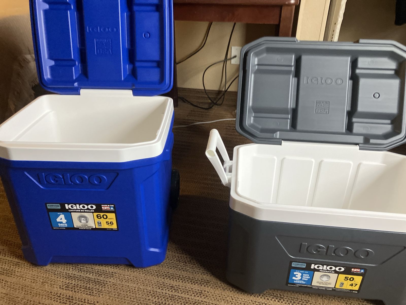 Igloo Latitude 60 Qt Rolling Cooler (Blue) & Profile 50 Qt Cooler (Grey) - Both new