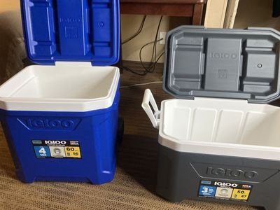 Igloo Latitude 60 Qt Rolling Cooler (Blue) & Profile 50 Qt Cooler (Grey) - Both new
