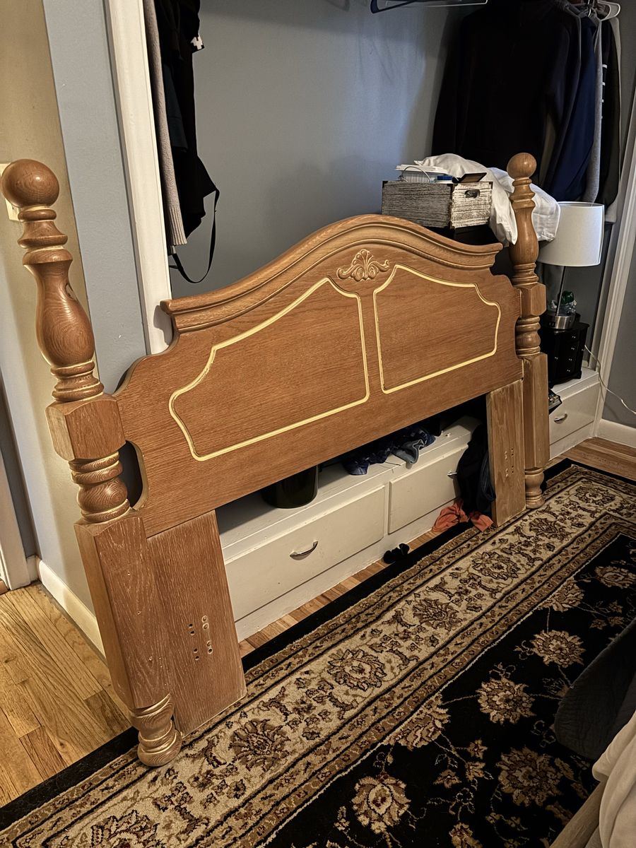 Vintage Ornate Wood Headboard - Full/Queen to King Size, Carved Details, Light Wood Finish