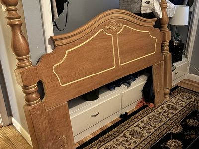 Vintage Ornate Wood Headboard - Full/Queen to King Size, Carved Details, Light Wood Finish
