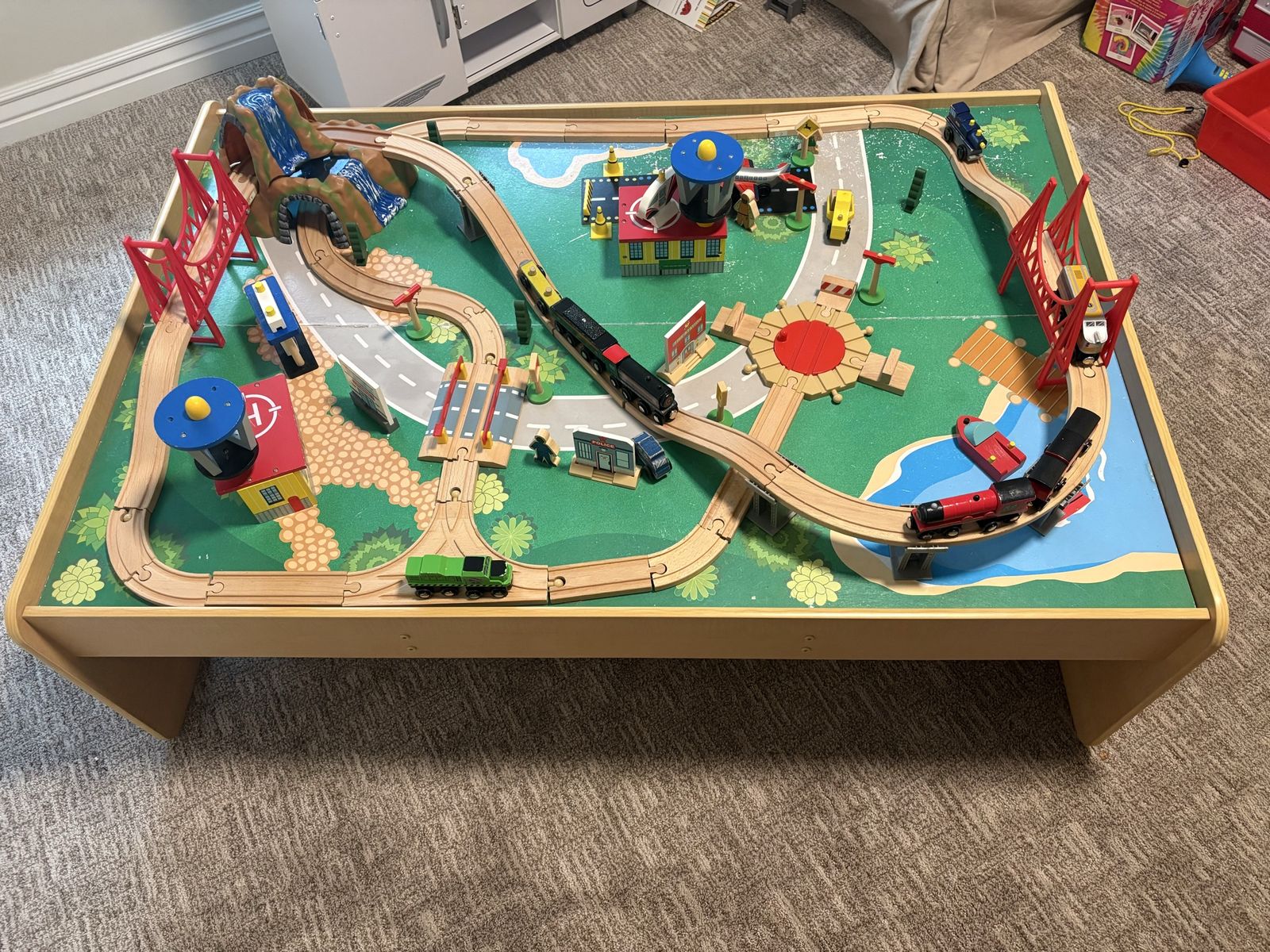 Wooden Train Table Set with Tracks, Bridges, Cars, and Scenery