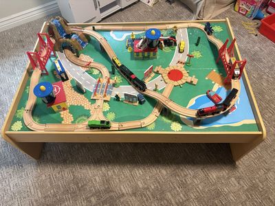 Wooden Train Table Set with Tracks, Bridges, Cars, and Scenery