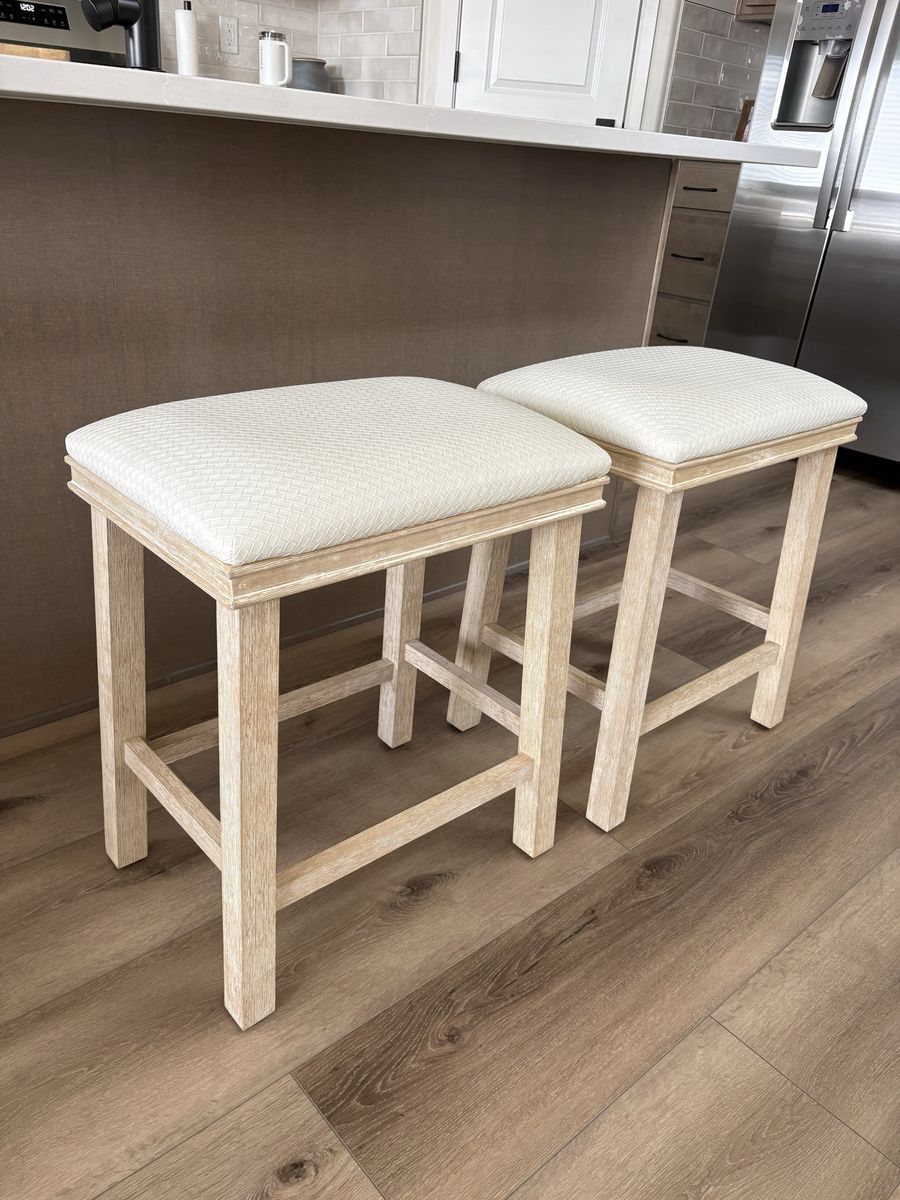 Pair of Light Wood Counter Height Stools with Off-White Woven Upholstered Seats