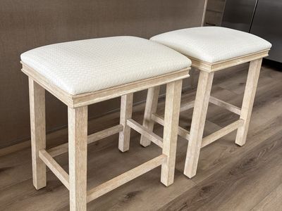 Pair of Light Wood Counter Height Stools with Off-White Woven Upholstered Seats
