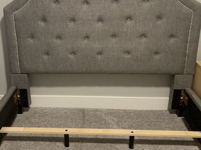 Queen bed, grey linen, chrome hammered nailhead tufted headboard