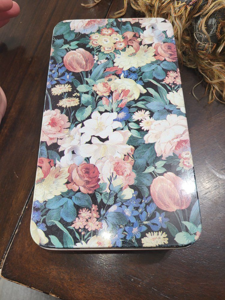 Vintage Floral Rectangular Tin Box - Ornate Flower Design Storage Container