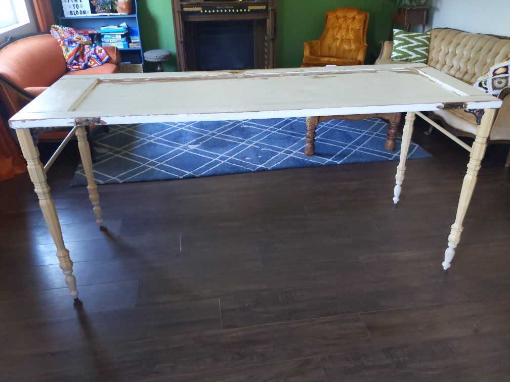 Handcrafted Farmhouse Style Table - Upcycled Door Top & Turned Legs - Shabby Chic Decor