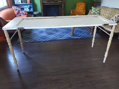 Handcrafted Farmhouse Style Table - Upcycled Door Top & Turned Legs - Shabby Chic Decor