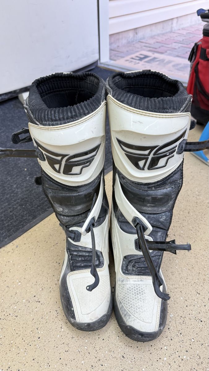 Fly Racing Motocross Boots - Black and White - Used Condition shin guards , goggles, Helmet, chest guard with water tank….