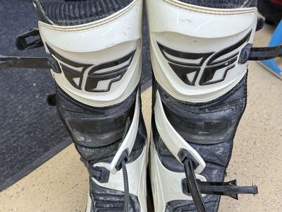 Fly Racing Motocross Boots - Black and White - Used Condition shin guards , goggles, Helmet, chest guard with water tank….
