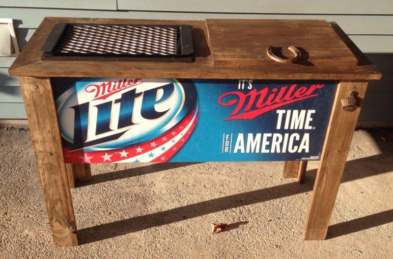 Custom Miller Lite Wooden Cooler Stand with Built-in Grill and Bottle Opener - Rustic Patio Bar