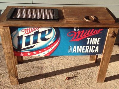 Custom Miller Lite Wooden Cooler Stand with Built-in Grill and Bottle Opener - Rustic Patio Bar