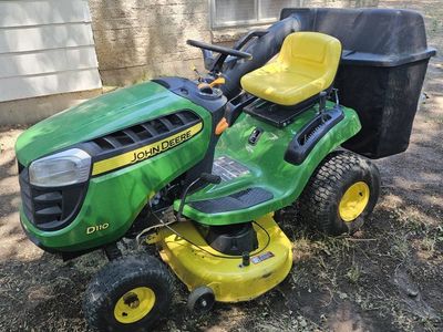 John Deere D110 Riding Lawn Mower with Rear Bagger Attachment
