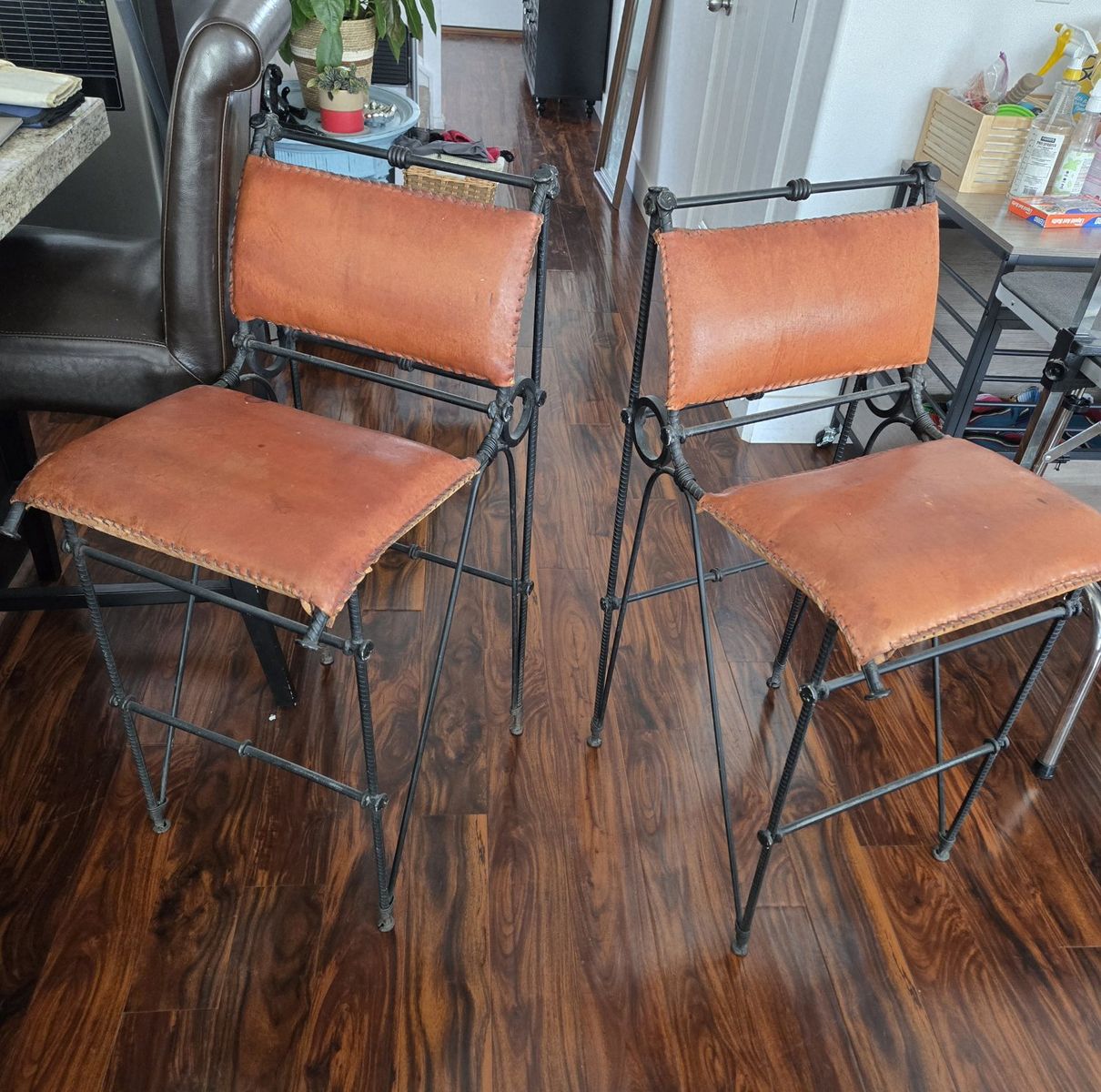 Rustic Leather Iron Bar Stools Pair