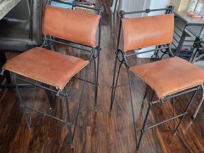Rustic Leather Iron Bar Stools Pair
