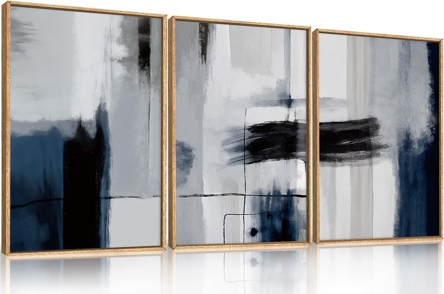 Abstract Wall Art Set of 3 - Blue, Grey, Black Prints in Wood Frames - Modern Home Decor