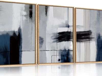 Abstract Wall Art Set of 3 - Blue, Grey, Black Prints in Wood Frames - Modern Home Decor