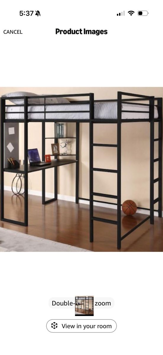 Full sized Metal Loft Bed with Desk and Shelves
