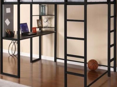 Full sized Metal Loft Bed with Desk and Shelves