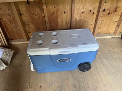 Coleman Wheeled Cooler Blue and Grey with Cup Holders