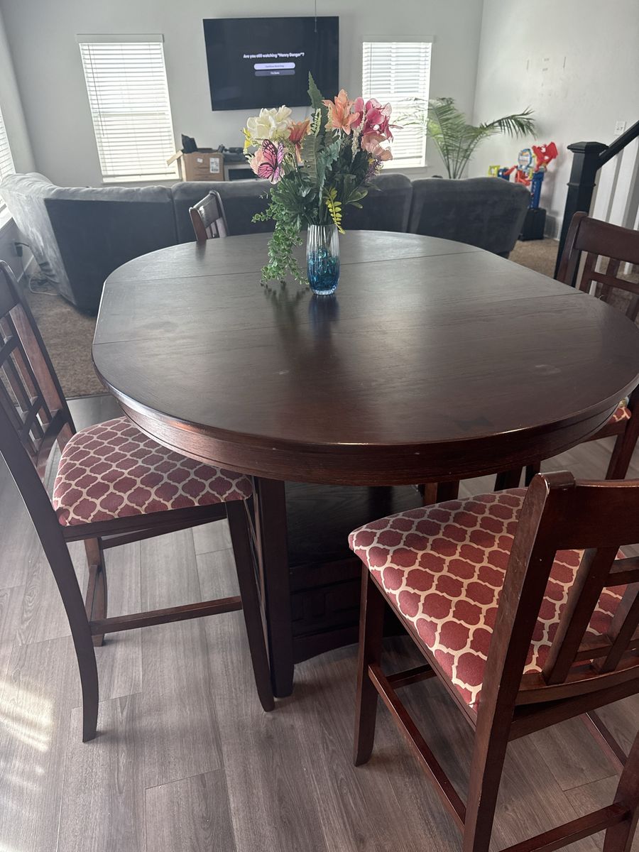 Dark Wood bar-Height Dining Table Set with 4 Upholstered Chairs & Storage Base