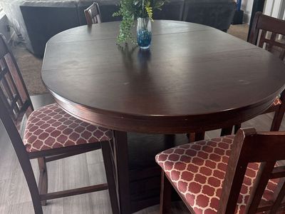 Dark Wood bar-Height Dining Table Set with 4 Upholstered Chairs & Storage Base