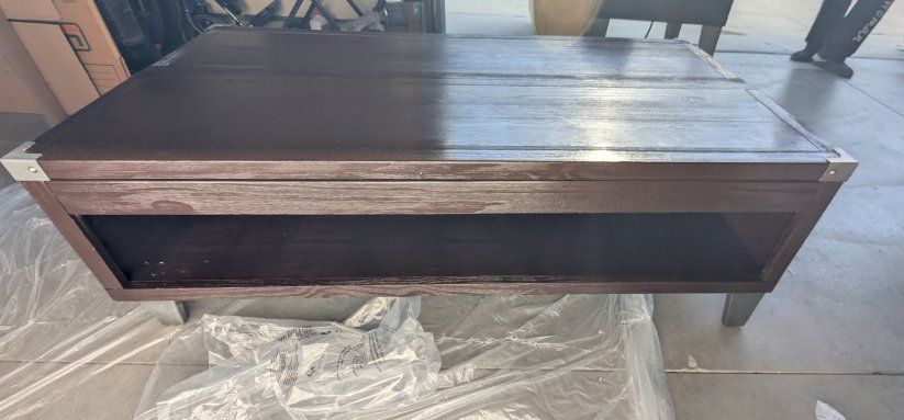 Rustic Brown Lift-Top Coffee Table with Storage and Metal Accents and end table