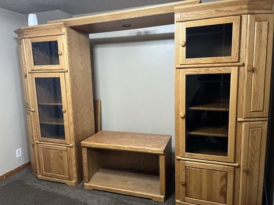 Oak Finish Entertainment Center TV Stand Wall Unit with Glass Doors & Storage