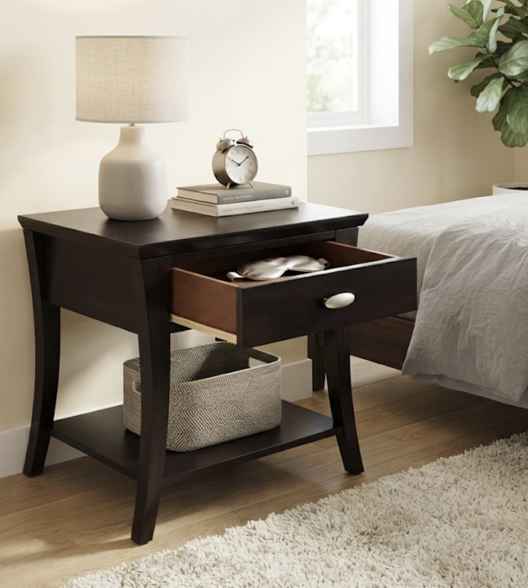 Dark Walnut Side Table w/ Storage Drawer & Bottom Shelf - Excellent Condition