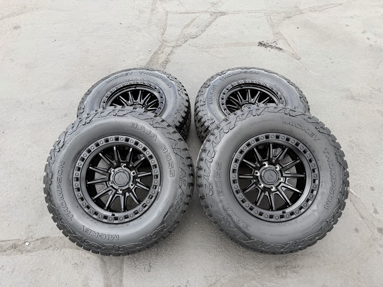 New 285/70r17 Mickey Thompson Baja Boss AT Black Arena Mission 6x135 Ford F150 Expedition Wheels and Tires 3 peak snow flake