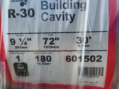 R-30 unfaced insulation. 12 rolls 180sq.ft EACH - 2,160sq.ft total