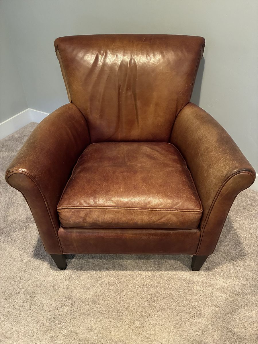 Distressed Brown Leather Club Armchair - Vintage Style Accent Chair