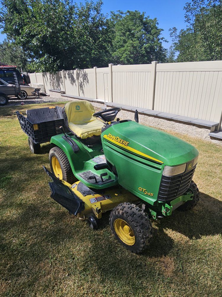 John Deere GT245 20HP V-Twin Riding Lawn Mower with Cub Cadet Utility Cart