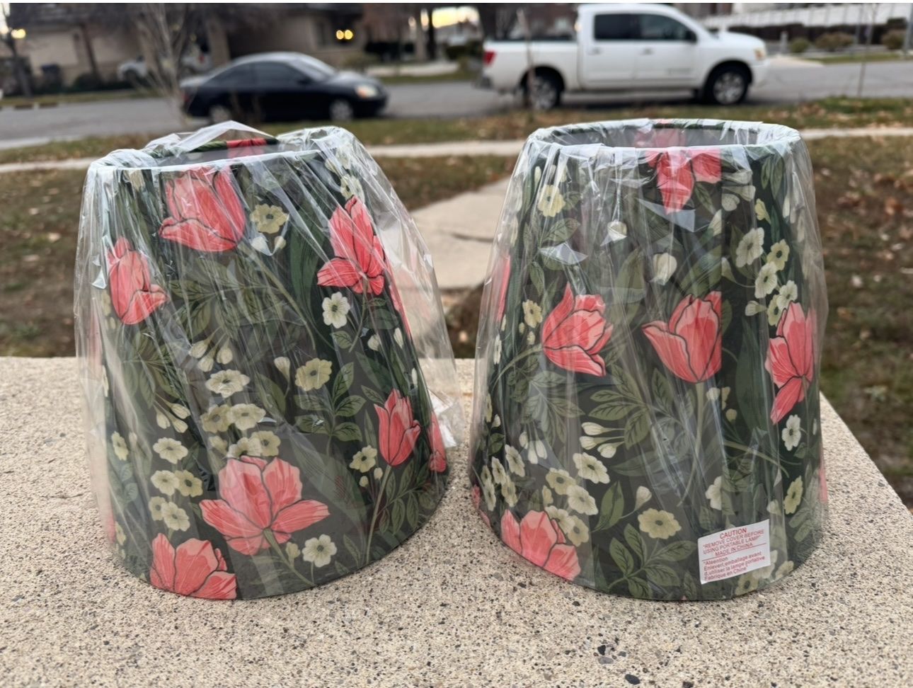 2 Floral Print Clip-On Lamp Shades - Dark Green with Pink/White Flowers (New in Packaging)